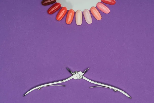 Top view of nail nippers and manicure palette isolated on purple — Stock Photo