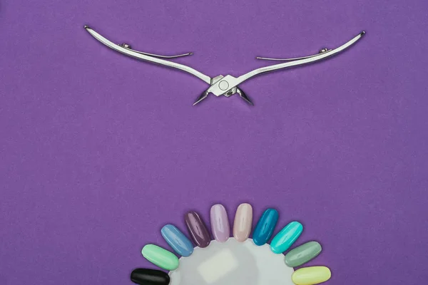 Vista superior de pinzas de uñas y paleta de manicura aislada en púrpura - foto de stock