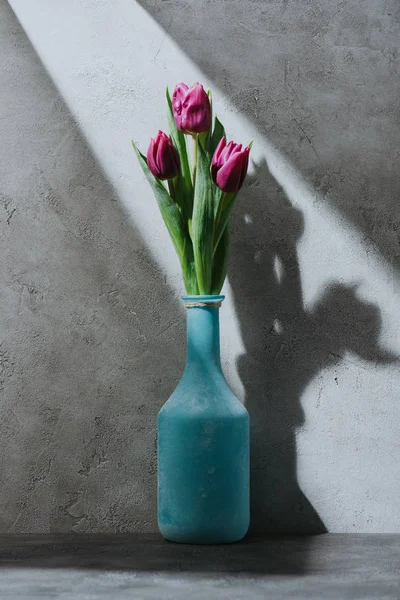 Purple spring tulip flowers in blue vase on concrete surface with shadow — Stock Photo