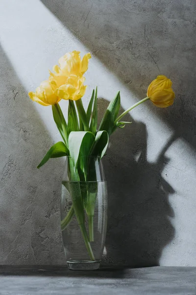 Ramo de primavera amarillo de tulipanes en jarrón de vidrio sobre superficie gris con sombra - foto de stock