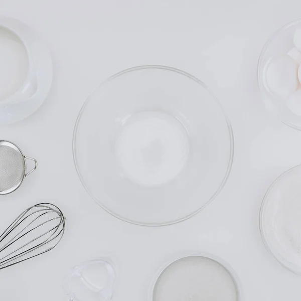 Top view of utensils and ingredients for cooking pancakes isolated on grey — Stock Photo