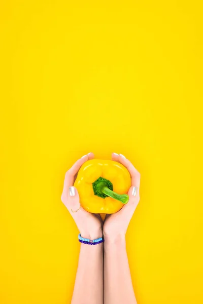 Vista superior de mãos humanas segurando pimentão orgânico cru fresco isolado no amarelo — Fotografia de Stock