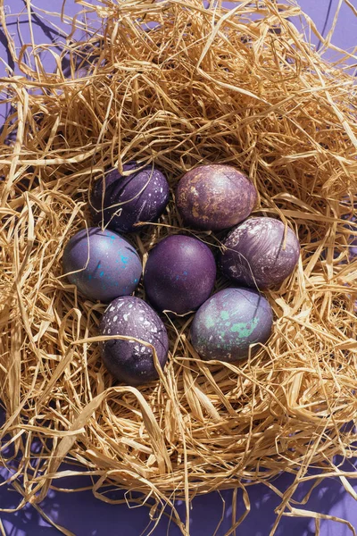 Vista superior de los huevos tradicionales de Pascua púrpura en nido de paja - foto de stock