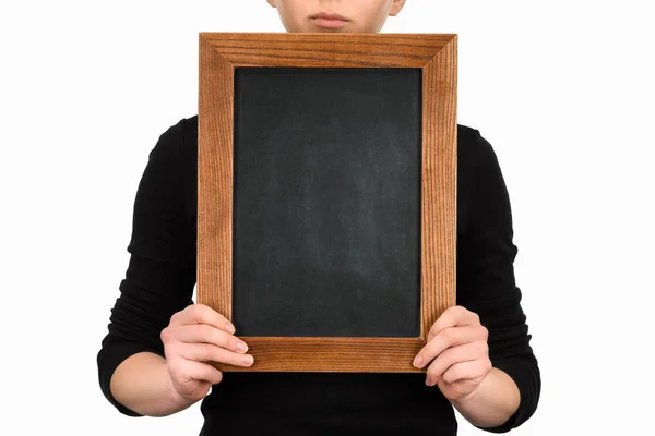 Cropped image of woman holding empty chalkboard isolated on white — Stock Photo