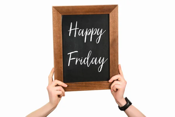 Imagen recortada de las manos de mujer sosteniendo el tablero con letras feliz viernes aislado en blanco - foto de stock