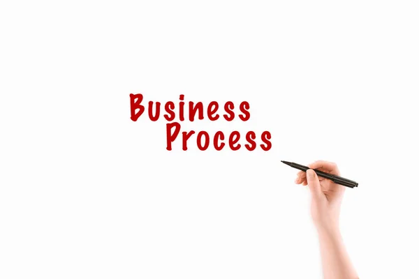 Cropped image of woman writing business process inscription isolated on white — Stock Photo