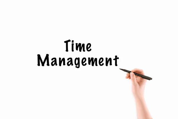 Cropped image of woman writing time management inscription isolated on white — Stock Photo