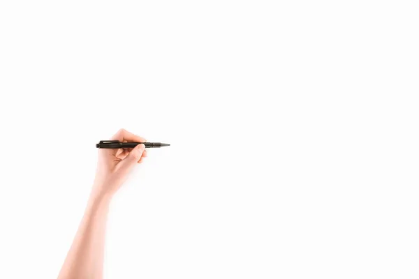 Imagen recortada de la mujer zurda escribiendo algo con marcador aislado en blanco - foto de stock