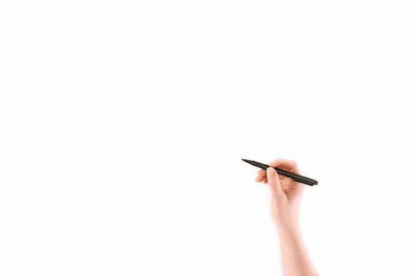 Image recadrée de femme écrivant quelque chose avec marqueur isolé sur blanc — Photo de stock