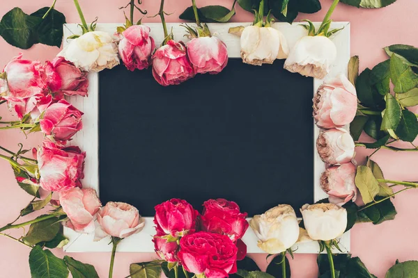 Vista superior do quadro feito de belas rosas rosa e moldura branca em branco no rosa — Fotografia de Stock