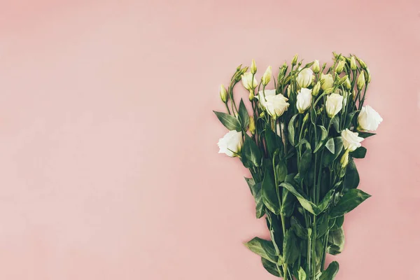 Strauß schöner weißer Eustoma-Blüten mit grünen Blättern auf rosa — Stockfoto