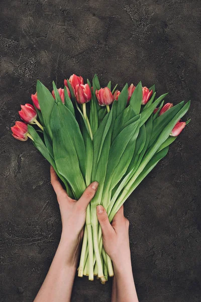 Tiro cortado de pessoa segurando belas tulipas rosa com folhas verdes — Fotografia de Stock