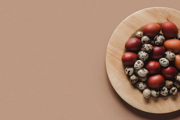 Vue de dessus des oeufs de Pâques de poulet et de caille sur assiette en bois sur beige avec espace de copie — Photo de stock