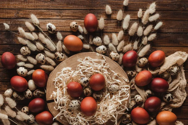 Flache Lage mit Ostereiern auf Querschnitt des Baumstammes auf Holzgrund mit Ähren — Stockfoto