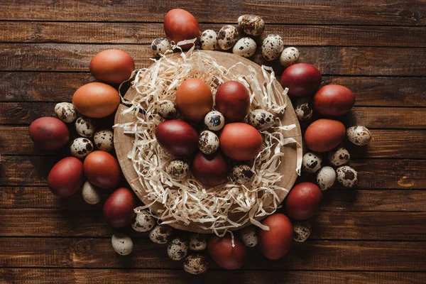 Top view of chicken and quail easter eggs on cross section of tree trunk on wood background — Stock Photo