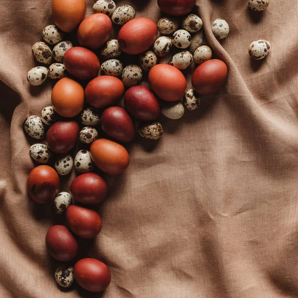 Vue de dessus des oeufs peints de Pâques et des oeufs de caille sur la nappe de lin — Photo de stock