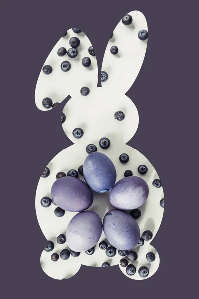 Symbole de lapin de Pâques avec œufs peints et bleuets isolés sur violet — Photo de stock