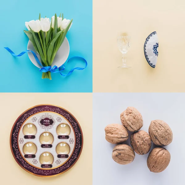 Vista superior de los tulipanes, plato tradicional judío y nueces, concepto de Hagadá de Pascua - foto de stock