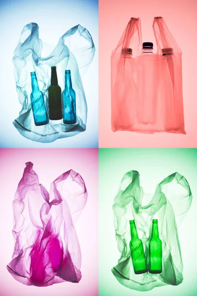 Collage creativo de varias bolsas de plástico de colores con botellas - foto de stock