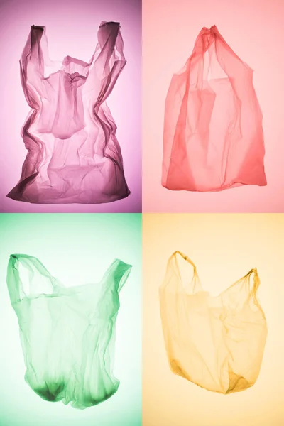 Collage creativo di vari sacchetti di plastica vuoti colorati — Foto stock