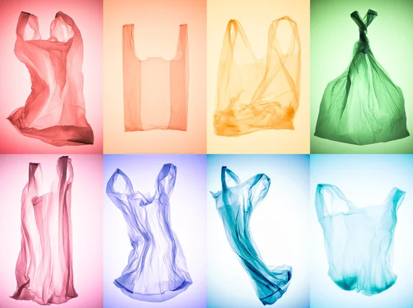 Collage creativo di vari sacchetti di plastica colorati accartocciati — Foto stock