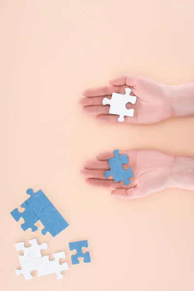 Cropped image of businesswoman holding blue and white puzzles in hands isolated on beige, business concept — Stock Photo