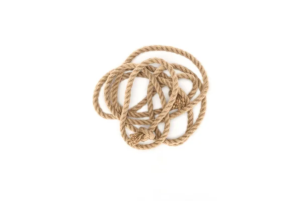 Draufsicht auf das nautische Seil mit Knoten isoliert auf weiß — Stockfoto