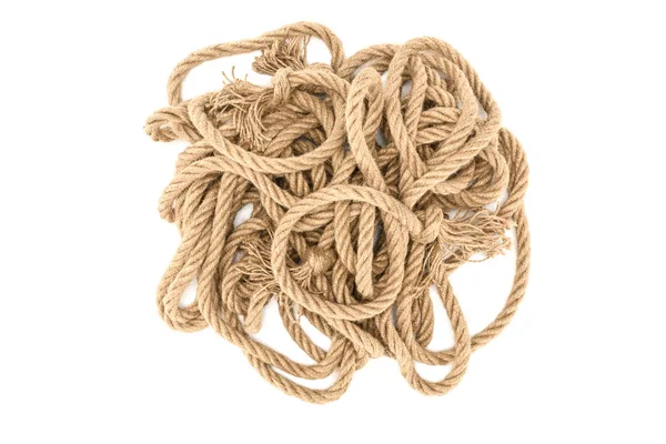 Top view of brown nautical ropes with knots isolated on white — Stock Photo