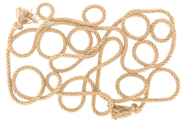 Вид зверху на коричневу морську мотузку з вузлами ізольовані на білому — стокове фото
