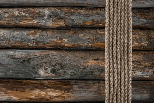 Flat lay with arranged marine ropes on grunge wooden tabletop — Stock Photo