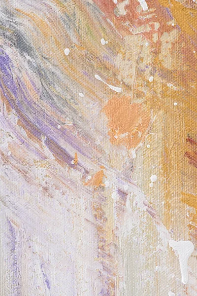 Nahaufnahme von Ölgemälde mit weißen Spritzern auf lila und orangefarbener Textur — Stockfoto
