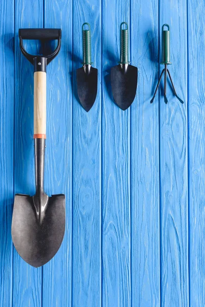 Vista superior de ferramentas de jardinagem dispostas colocadas em linha em tábuas de madeira azul — Stock Photo