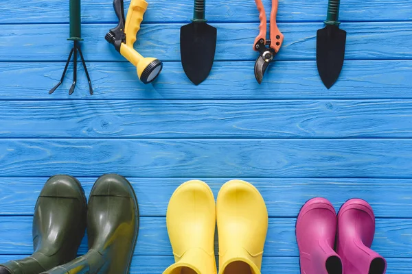 Vue de dessus des outils de jardinage disposés et des bottes en caoutchouc colorées sur des planches en bois bleu — Photo de stock