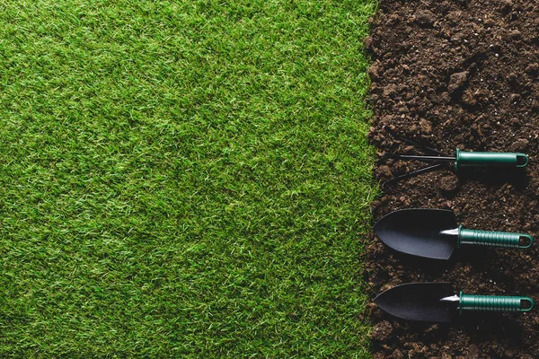 Blick von oben auf Gras und arrangierte Gartengeräte auf dem Boden — Stockfoto