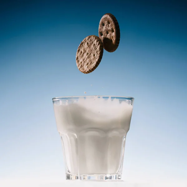 Due biscotti che cadono in vetro di latte isolato su fondo blu — Foto stock