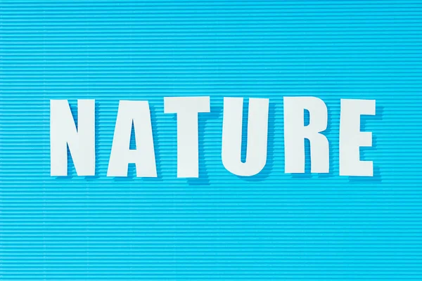 Palabra blanca naturaleza sobre fondo rayado azul brillante, concepto de naturaleza - foto de stock