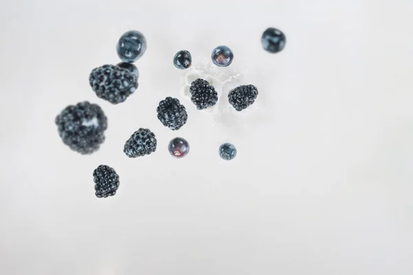 Juicy berries dropping into milk on white background — Stock Photo