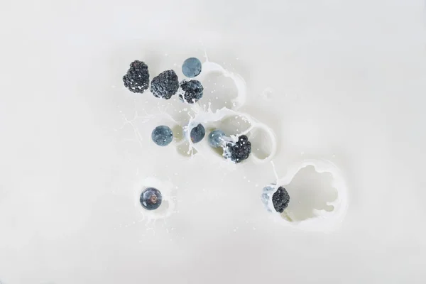 Drops of milk with raw berries on white background — Stock Photo