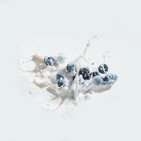 Fruits à baies tombant dans le lait avec des gouttes sur fond blanc — Photo de stock