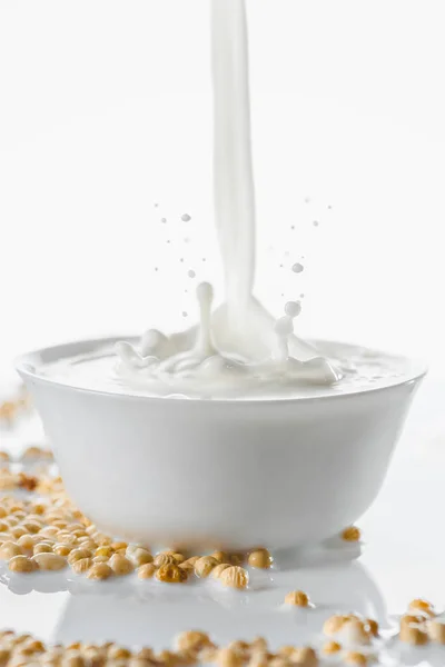 Leche salpicada en un tazón blanco con soja sobre fondo blanco - foto de stock