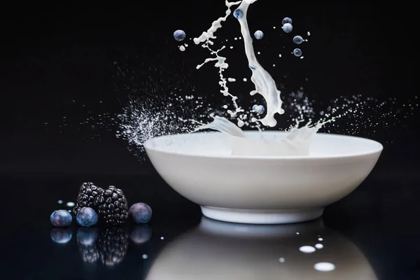 Fresh berries splashing in white bowl with milk on black background — Stock Photo