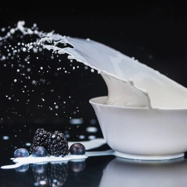 Ripe organic berries dropping in white bowl with milk on black background — Stock Photo