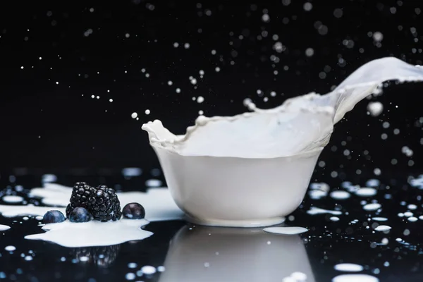 Splashes de leite com bagas cruas em tigela branca no fundo preto — Fotografia de Stock