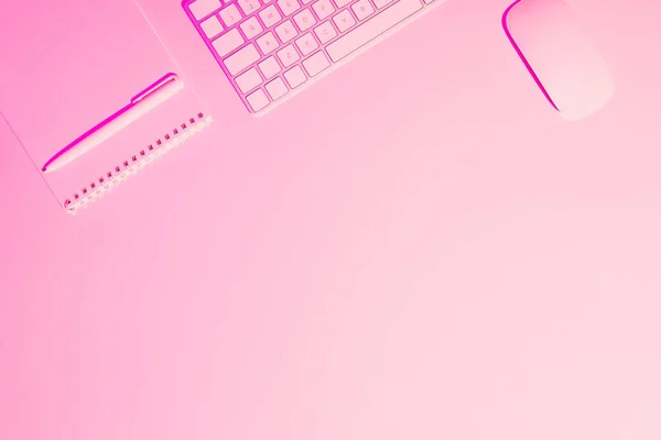 Pink toned picture of pen, textbook, computer keyboard and mouse on table — Stock Photo