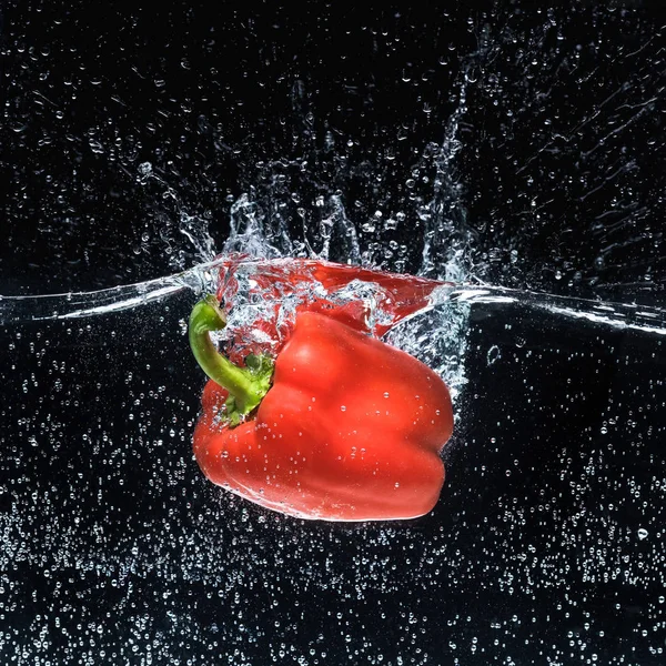 Vue rapprochée du poivron rouge mûr dans l'eau isolée sur noir — Photo de stock