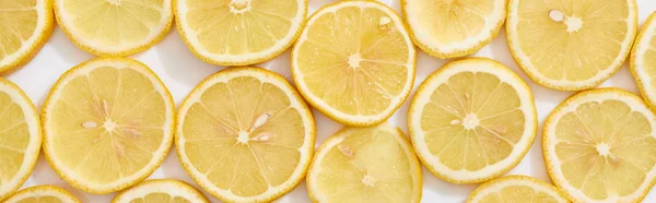 Vista superior del patrón de rodajas de limón amarillo fresco maduro sobre fondo blanco, plano panorámico - foto de stock