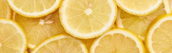 Top view of ripe fresh yellow lemon slices, panoramic shot — Stock Photo