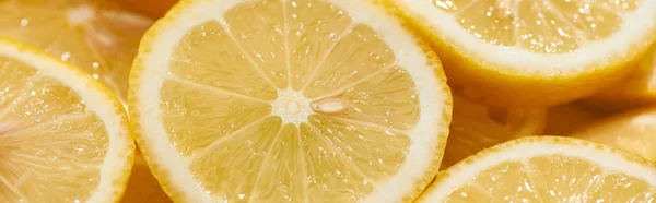 Close up view of ripe fresh yellow lemon slices, panoramic shot — Stock Photo