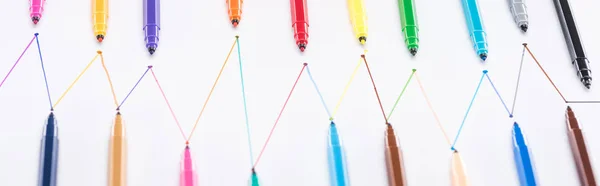 Top view of felt-tip pens on white background with connected drawn lines, connection and communication concept — Stock Photo