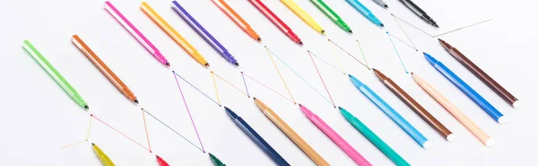 Panoramic shot of felt-tip pens on white background with connected drawn lines, connection and communication concept — Stock Photo